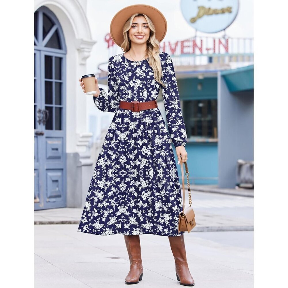Zeagoo Women Blue Sprigs Long Sleeve Flowy A-Line Boho Long Dress with Pockets - Picture 4 of 6